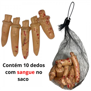 H72509 - DEDOS DE PLÁSTICO COM SANGUE HALLOWEEN NA SACOLA PLÁSTICA PACOTE COM 10      